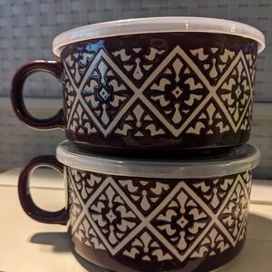 Set of 2 Cook's Essentials Soup Mugs Stoneware 22 oz Purple with Lids NWT